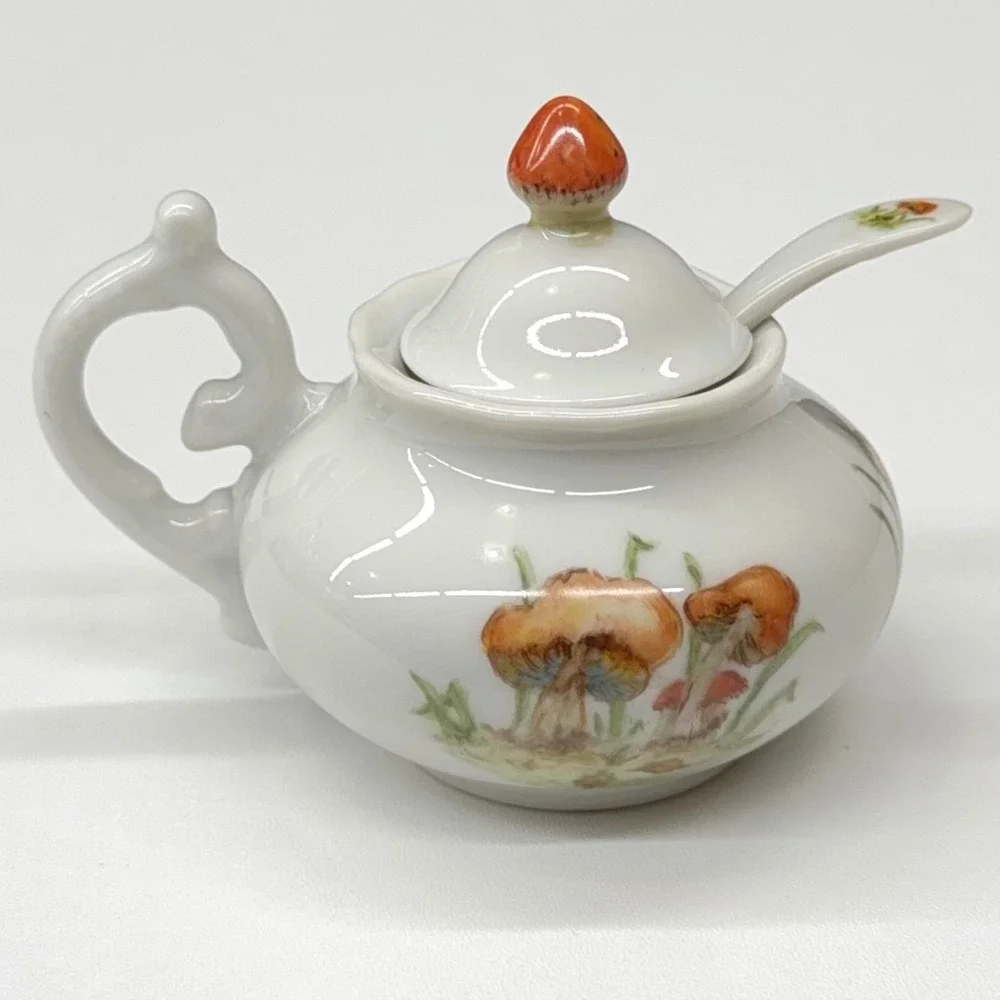 L Lancaster Hand Painted Mushroom Porcelain Jam Pot with Lid and‎ Spoon Vintage